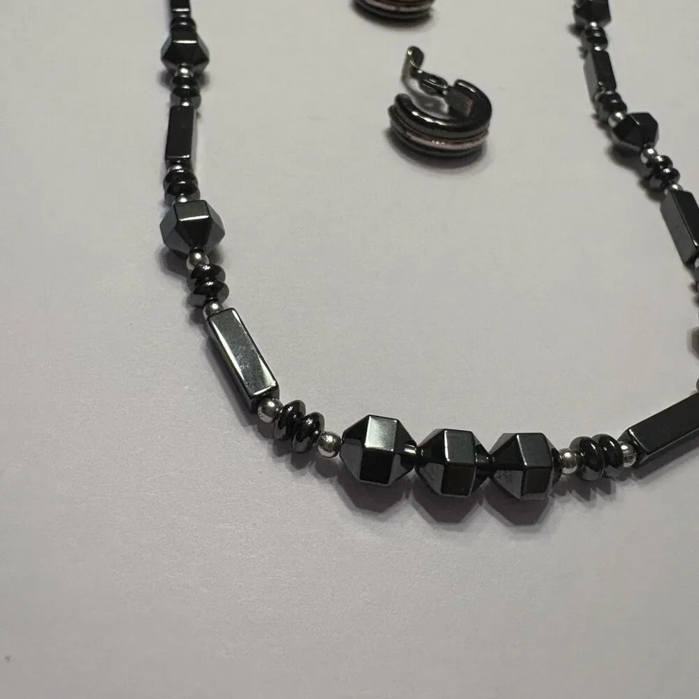 Women Hematite Style Beaded Necklace Beaded Bracelet and Small Clip on Earrings